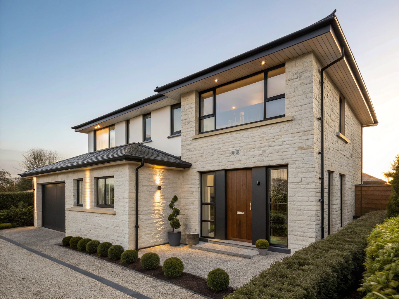 A beautifully renovated residential property bathed in warm golden hour light, showcasing architectural integrity and curb appeal